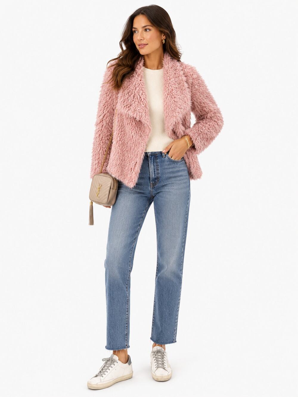 Hyfve Shaggy Faux Fur Jacket L Blush Pink Open Front Teddy Coat